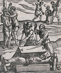 Various methods of torture: one victim lies in the "iron coffin of Lissa" while others are tied to the pillory or are being stoned to death in the background. Woodcut.