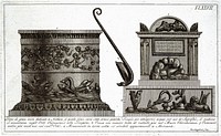 A well head carved with fish motifs, a metal ladle with a snake-handle, a funerary urn, and a terracotta relief of the caduceus and other objects. Etching by L. Roccheggiani, ca. 1811.