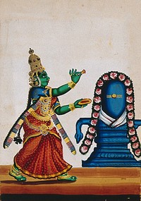 Parvati and a Shiva lingam. Gouache painting by an Indian artist.