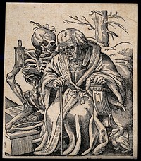 An elderly man taunted by a skeleton, as he sits and ponders in a vanitas conceit. Woodcut by Tobias Stimmer, 1580.