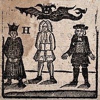 Witchcraft: Robert Hunt, with two other men, surmounted by a devil. Woodcut, 1720.