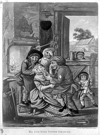 A country blacksmith in his forge extracting a tooth from a woman who is being restrained and taunted by her family. Coloured mezzotint.