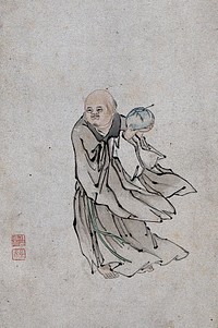 A Chinese man holding a bowl containing a spoon. Watercolour.