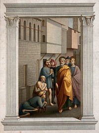 Saint Peter and Saint John healing the sick by their shadows. Chromolithograph by L. Gruner, 1863, after C. Mariannecci after Masaccio.