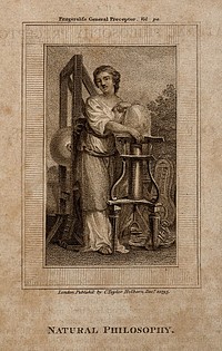 A female figure with a vacuum pump; representing physics or 'natural philosophy'. Stipple engraving, 1795, after C-N. Cochin the younger, c. 1773.
