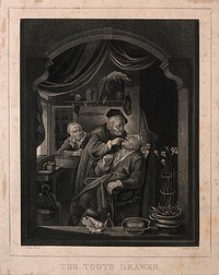 A surgeon extracting a tooth from a patient, while the latter's concerned wife stands in the background. Mezzotint by Read after G. Dou.
