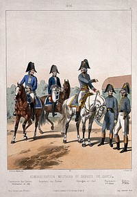 Five senior French army officers in military dress: two administrators, the chief surgeon, a pharmacist and a physician, ca. 1804. Coloured lithograph by G. David, ca. 1858, after A. de Marbot.