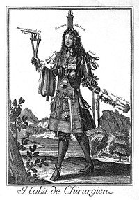 An allegorical figure wearing a large variety of surgical instruments including some on his head and hands. Etching after an engraving by N. de Larmessin, 1695.