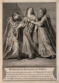 M.F. du Chêne miraculously cured from a variety of ailments (dropsy, hemorrhaging, aches and a disease of the lung) all inter-related , at the tomb of F. de Paris. Engraving.