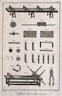 A selection of tools and work-benches used in silver manufacture. Etching by Bénard after Lucotte.