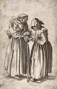 Two old women dressed in rags sharing the contents of a bowl. Etching possibly after J. Callot.