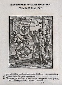 Martyrdom of two saints, bound and flogged. Woodcut.