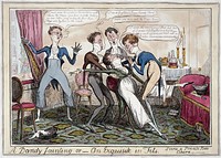 Dandies at the opera, one of them swooning, overcome with emotion. Coloured etching by I.R. Cruikshank, 1818.