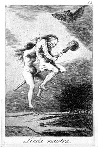 Two naked witches riding on a broomstick accompanied by an owl. Etching by F. Goya, 1796/1798.