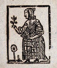A witch holding a plant in one hand and a fan in the other. Woodcut, ca. 1700-1720.