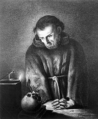 A monk contemplates a skull at candlelight. Lithograph by Nepomuk Johann Strixner after L. Carracci.