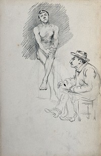 A seated man attending a life class draws from the model; a nude male model is seated to the left. Pencil drawing.