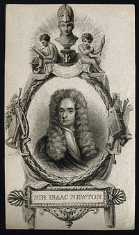 Sir Isaac Newton. Line engraving after Sir G. Kneller, 1702.