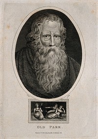 Thomas Parr, said to have lived 152 years, with the three fates. Engraving by T. Dale, 1821, after Sir P.P. Rubens.