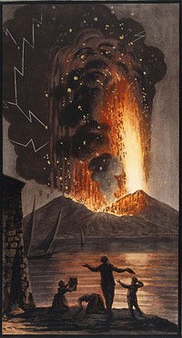 The eruption of Mount Vesuvius in the night of 8 August 1779. Coloured etching by Pietro Fabris, 1779.