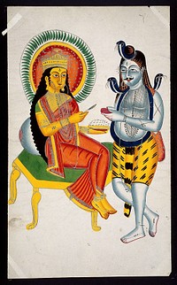 Shiva begging from Annapurna. Watercolour drawing.