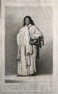 Omai, a man from the island of Raiatea, Polynesia. Etching by F. Bartolozzi after N. Dance, 1774.