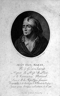 Jean Paul Marat. Stipple engraving by A. Sandoz after F. Bonneville after C.L. Desrais.