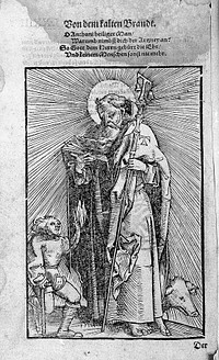 Woodcut: St. Antony abbot with cripple using crutches.