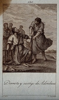 The defeat and mutilation of Adoni-bezek. Engraving by J. Garrido after A. Martinez.