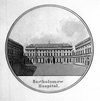 St Bartholomew's Hospital, London: a view of the courtyard. Coloured engraving.