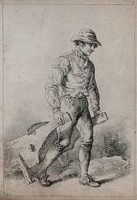 A man pulling a wheelbarrow. Lithograph, 1813.