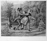 A young woman repulses the attentions of a young black manservant by pinching his nose. Tinted lithograph by H. Jessen after C. Förster.