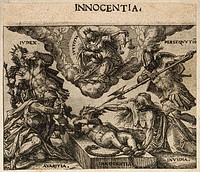 Innocence attacked from four corners by "Iudex", "Persequutiō", "Avaritia" and "Invidia"; Justice looks down from above. Etching by C. Murer after himself, c. 1600-1614.