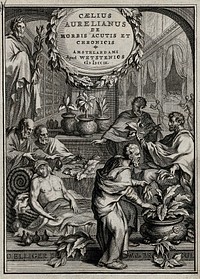 A sick man reclining on a couch, men gathering plants to cure him; a man holding a staff of Aesculapius in the background. Engraving, 1709.