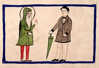 Two men, one in Punjabi dress, one in European dress. Watercolour.