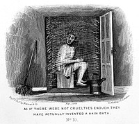 A man visiting a health resort is seated in a cubicle and is being sprayed with water coming from the walls. Etching, May 1869.