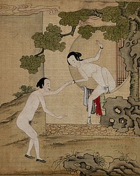A naked Chinese man guides a naked woman out of a window. Gouache painting.