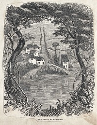 Landscape with a lake at Pencuel. Wood engraving.