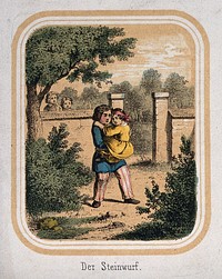 A boy carries a girl to safety. Coloured lithograph.
