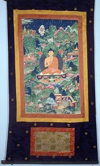 The Buddha Sakyamuni seated on a lotus in a landscape containing scenes of his life and death. Distemper painting by a Tibetan painter.