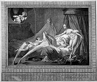 Jets of water spray naked young women on a bed; suggesting the connection between enemas and eroticism. Process print after an engraving by P.L. Auvray after J.H. Fragonard.