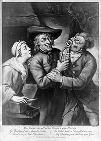 A rustic tooth-drawer extracting a tooth from a standing man. a woman looks on. Mezzotint by J. Dixon after J. Harris the elder, 1768.