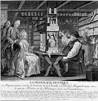 Michel Schuppach in his pharmacy examining a young woman's urine who is seated opposite him awaiting the result. Line engraving by B. Hübner, 1775, after G. Locher, 1774.