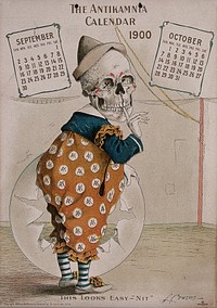 A skeleton dressed as a clown. Lithograph by L. Crusius, 1900.
