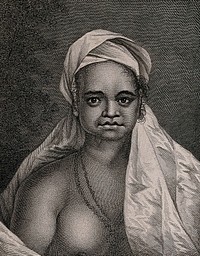 A woman from the island of Tahuata, Polynesia, encountered by Captain Cook on his second voyage. Engraving by J. Hall, 1777, after W. Hodges.