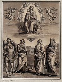 The Virgin with four saints: the archangel Michael, Saint Catherine of Alexandria, Saint Apollonia and Saint John the Evangelist. Drawing by F. Rosaspina, c. 1830, after P. Vannucci, il Perugino.