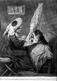 A woman wearing an extraordinarily high wig decorated with beads and lace, discusses her head-dress while taking tea with a man sitting opposite who wears a legal tie wig, gown and bands; on the wall is a framed picture of two monkeys sitting at a table drinking tea. Mezzotint, 1772.