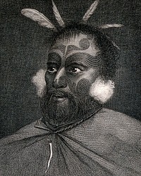 A Maori man with tattoos on his face, encountered by Captain Cook on his second voyage, 1772-1775. Engraving by Michel, 1777, after W. Hodges.