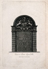 Barber-surgeons' Hall, Monkwell Street, London: the entrance to the hall, with elaborate carving above the doors. Engraving, 1816.