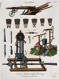 Agriculture: equipment for providing better drainage of fields. Coloured engraving by J. Pass, 1803.
